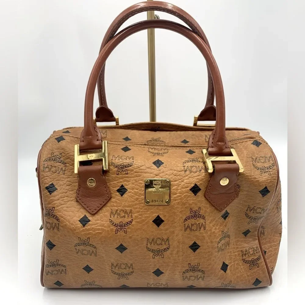 Auth MCM Visetos Cognac Brown Coated Canvas Leather Boston Tote Handbag Preloved
